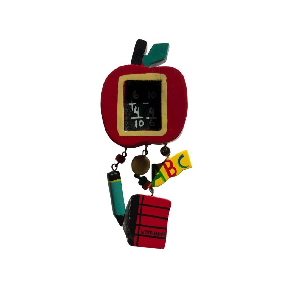 Vintage Pin School Brooch Womens 4 1/2" Red Apple Chalkboard Pencil Dangle